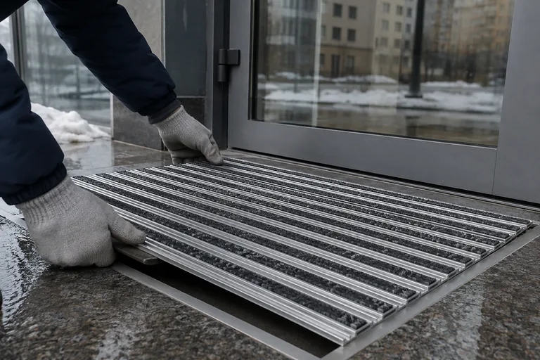 Установка алюминиевой грязезащитной решётки в приямок у входа в московское здание
